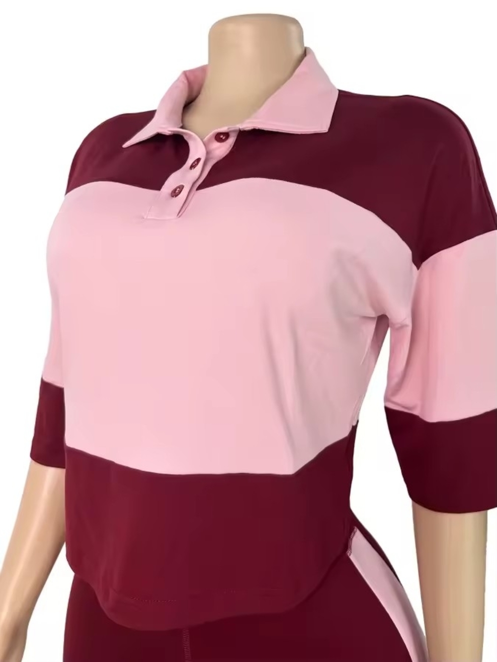 Women's Pink and Burgundy Colorblock Polo Top Set